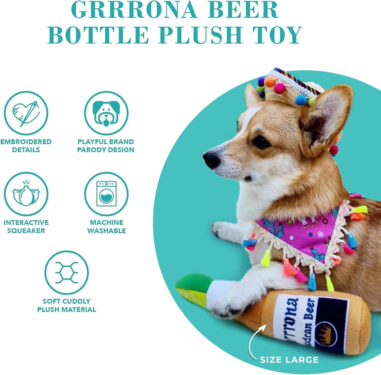 Grrrona Beer Bottle, Plush Designer Dog Toys with Interactive Squeaker, Stimulating Pet Enrichment, Machine-Washable & Safe Materials for All Breeds, Size Large