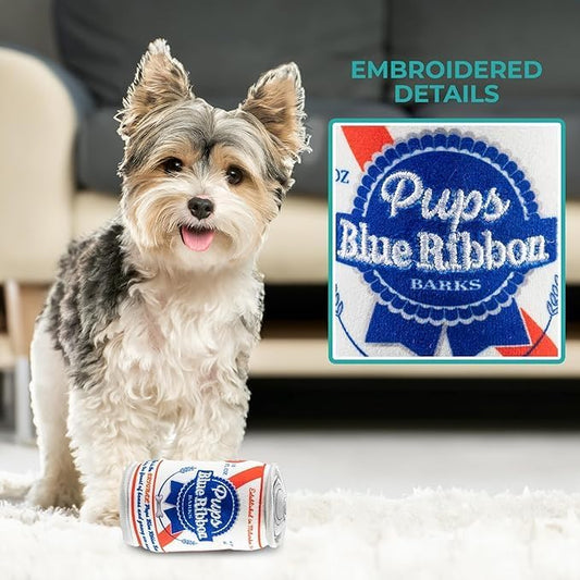 Pups Blue Ribbon Beer Can, Plush Designer Dog Toys with Interactive Squeaker, Stimulating Pet Enrichment, Machine-Washable & Safe Materials for All Breeds, One Size