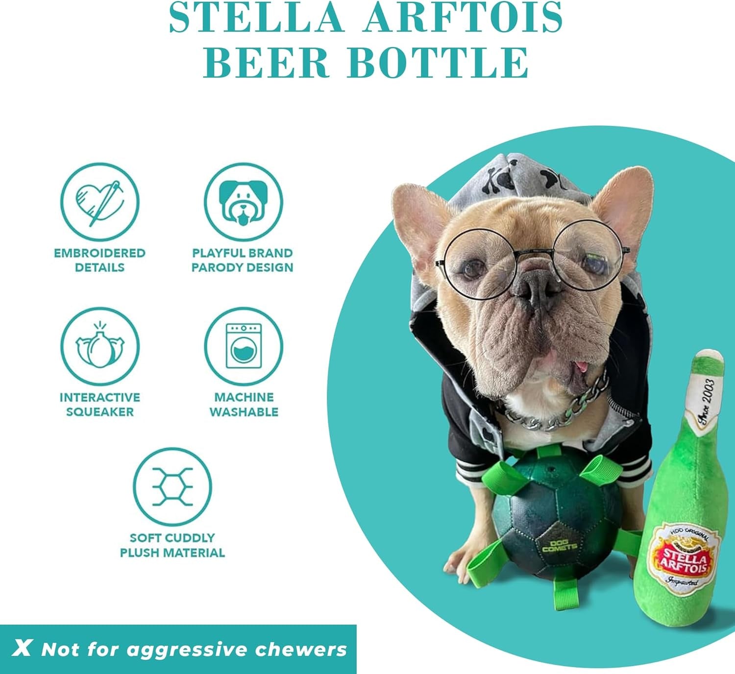 Stella Arftois Beer Bottle, Plush Designer Dog Toys with Interactive Squeaker, Stimulating Pet Enrichment, Machine-Washable & Safe Materials for All Breeds, One Size