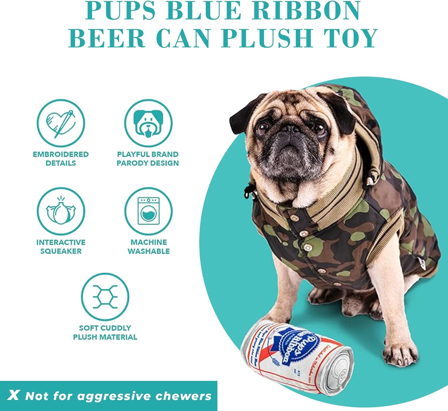 Pups Blue Ribbon Beer Can, Plush Designer Dog Toys with Interactive Squeaker, Stimulating Pet Enrichment, Machine-Washable & Safe Materials for All Breeds, One Size