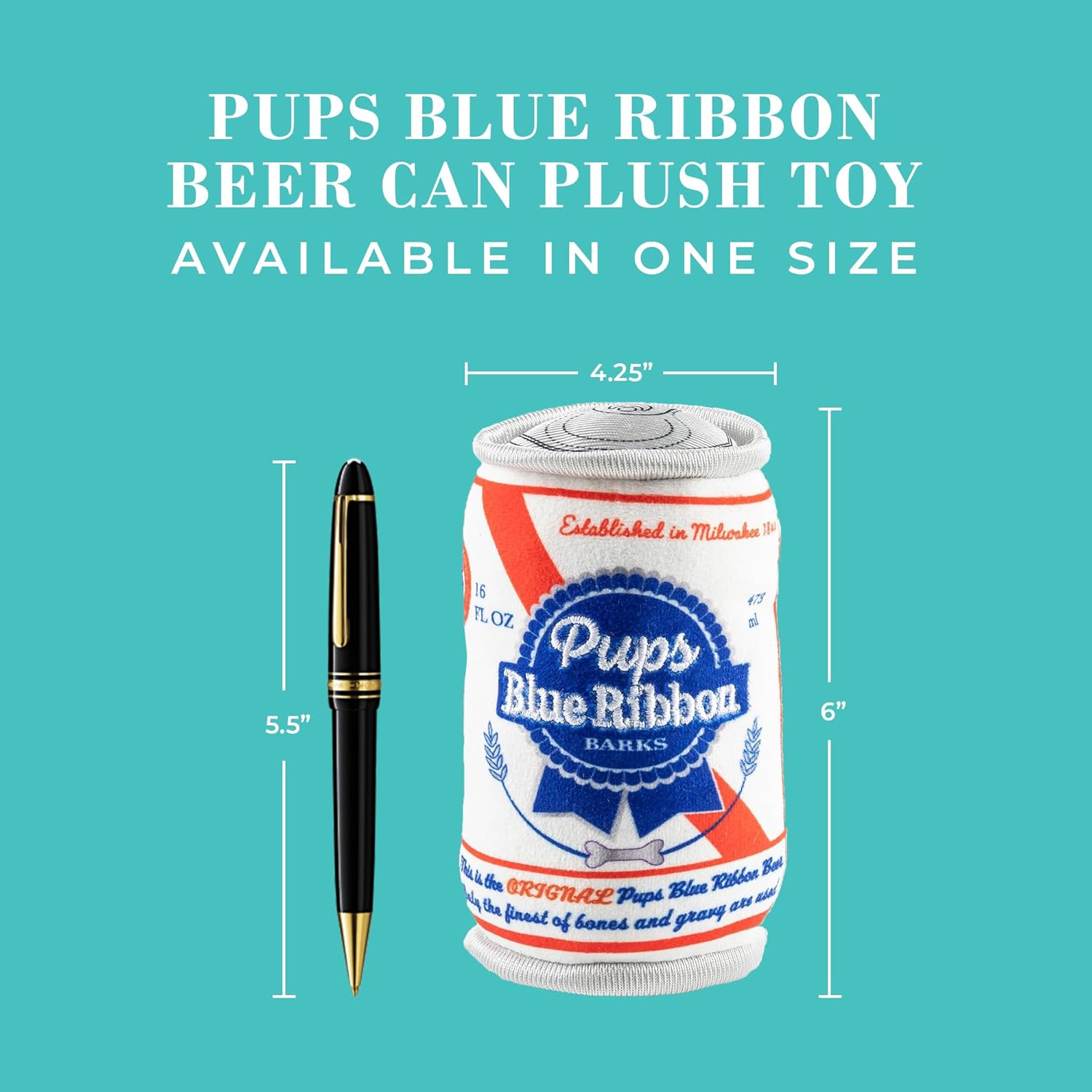 Pups Blue Ribbon Beer Can, Plush Designer Dog Toys with Interactive Squeaker, Stimulating Pet Enrichment, Machine-Washable & Safe Materials for All Breeds, One Size